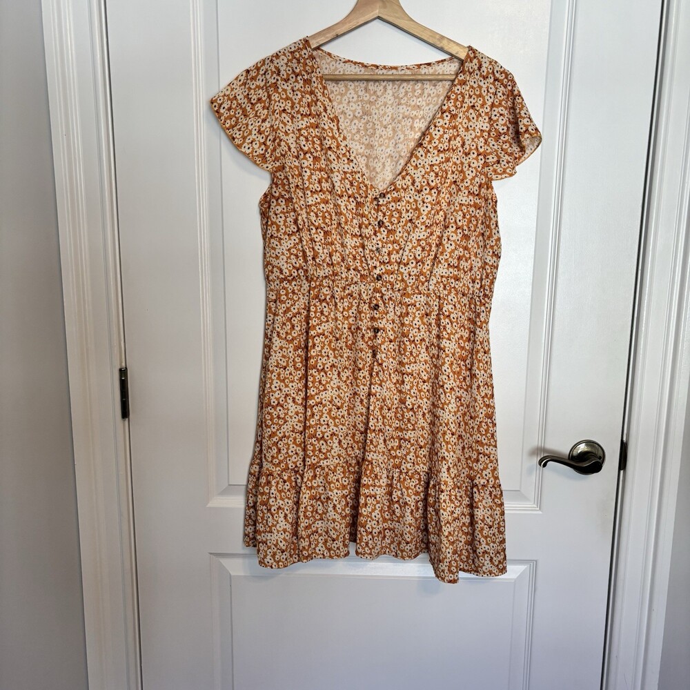 Women's Brown White Floral V-Neck Button Front Short Sleeve Mini Dress